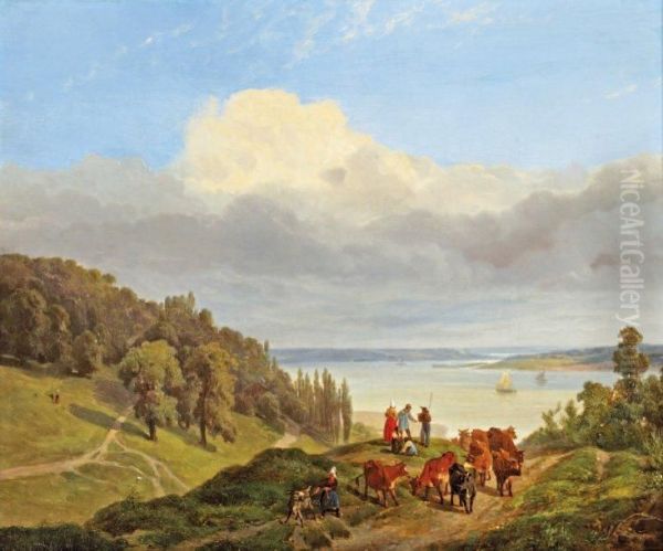 Lac D'annecy - Vue De Puis La Puya Oil Painting by Robert Leopold Leprince