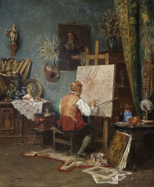 Artist At His Easel Oil Painting by Vincent Stoltenberg Lerche