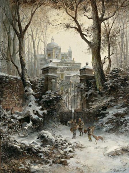 Hunters Returning To Their Palace In Winter Oil Painting by E. Lermontoff