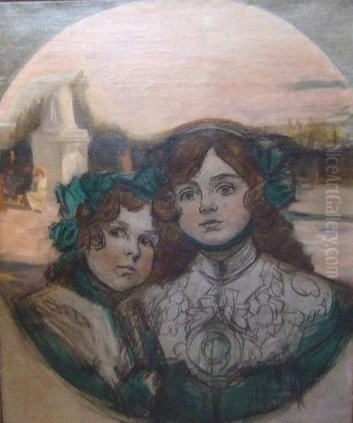 Double Portrait De Jeunes Filles Oil Painting by Auguste Leroux