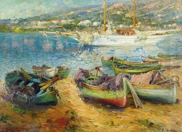 Fischerboote An Einem Strand Der Cote D'azur. Oil Painting by Georges B. Leroy