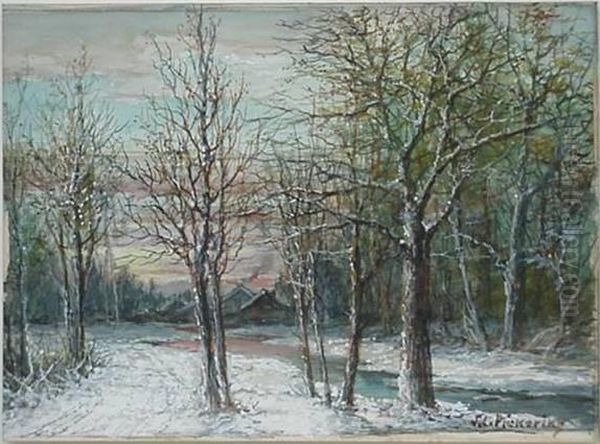 L. Pickering- Sunset In The Woods With Houses Oil Painting by Louis Joseph Leroy