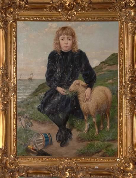 Fillette Et Son Mouton Dans Les Dunes Oil Painting by Jan Baptist Lesaffre