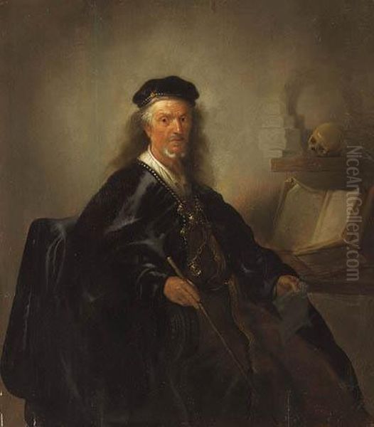 Portrait Of A Mathematician, Seated Three-quarter-length, In Ablack Cloak, Holding A Stick And A Piece Of Paper, A Book Ofgeometry Beside Him Oil Painting by Paulus Lesire