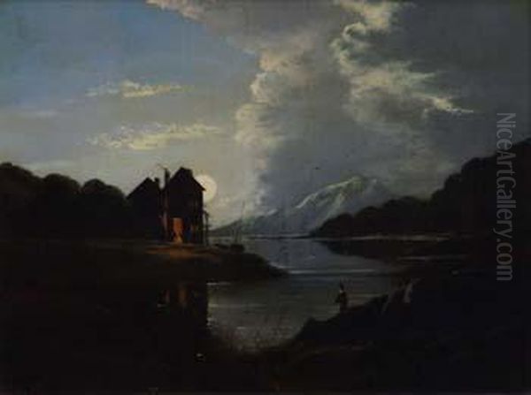 Moonlit Lake Scene Oil Painting by Charles Leslie