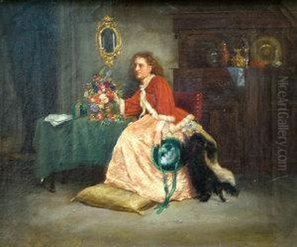 Lady Seated In An Interior By A Vase Of Flowers And Holding A Green Hat Oil Painting by Charles Robert Leslie