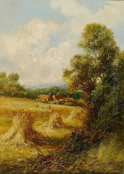 Landscape With Harvesters And Cornstooks; Landscape With Haymakers Oil Painting by G. Leslie