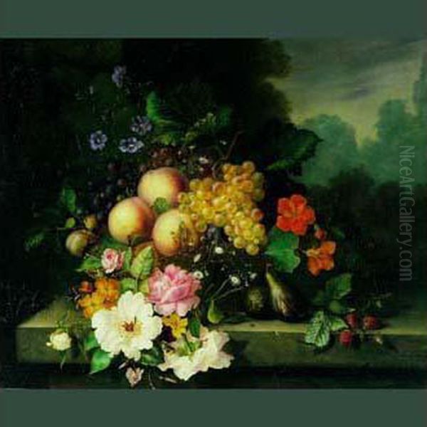 Nature Morte De Fruits Et Fleurs Disposes Sur Un Entablement Oil Painting by Ange Louis Guillaume Lesourd De Beauregard