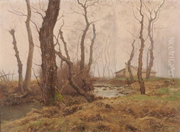 Brume D'automne, Femme Au Bord De La Riviere Oil Painting by Theodore Lespinasse