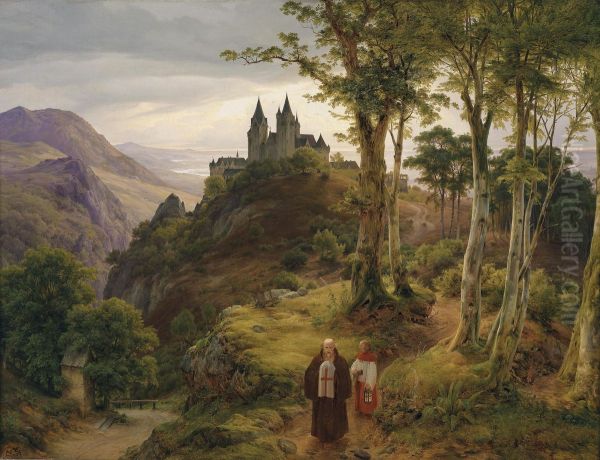 Romantic Landscape With Monastery Oil Painting by Carl Friedrich Lessing