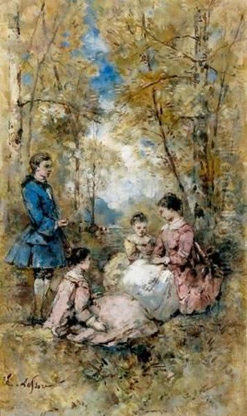 Couple Et Deux Enfants Dans Un Parc Oil Painting by Emile Aubert Lessore