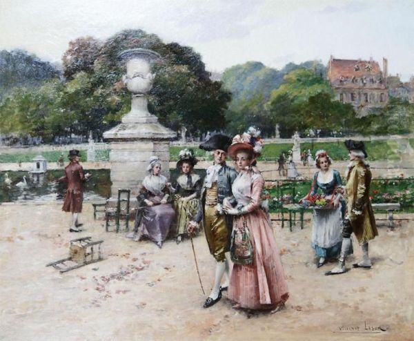 Park Scene With Galant Company Oil Painting by Henri Victor Lesur