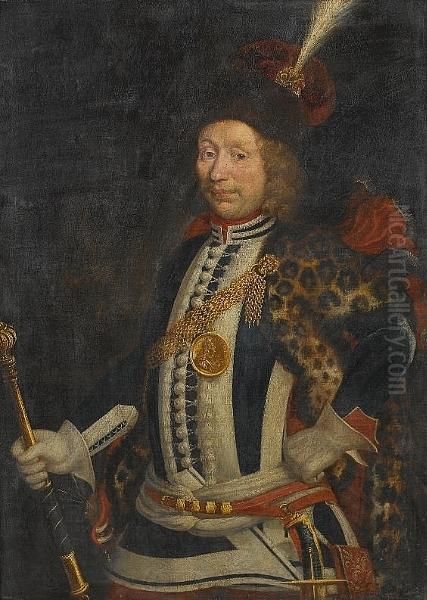 Portrait Of A Nobleman, Three-quarter-length, In Blue And White Costume With A Fur Wrap, A Plumed Hat And A Medallion Depicting King Louis Xiv, And Holding A Marshall's Baton Oil Painting by Stanislas Leszczynski