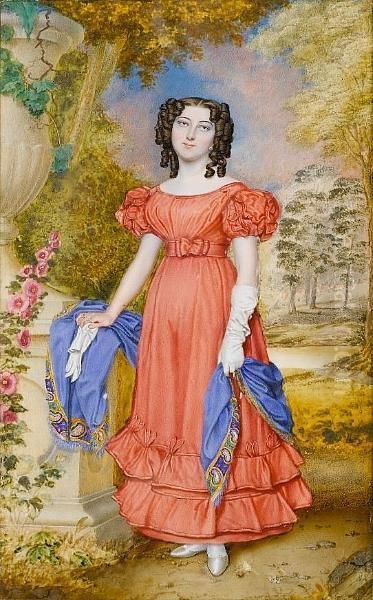 A Lady, Full-length, Wearing Salmon-coloured Dress With Puffed Sleeves And Flounced Skirt, Ivory Satin Slippers, A Blue Shawl With Yellow And Green Border Around Her Waist, Her Long Brown Hair Worn In Ringlets, A White Elbow-length Glove On Her Left Hand Oil Painting by Walter Stephens Lethbridge