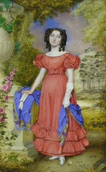 Portrait Of A Young Lady, Full Length, In A Red Dress, Standing By An Ornamental Urn In A Park Oil Painting by Walter Stephens Lethbridge