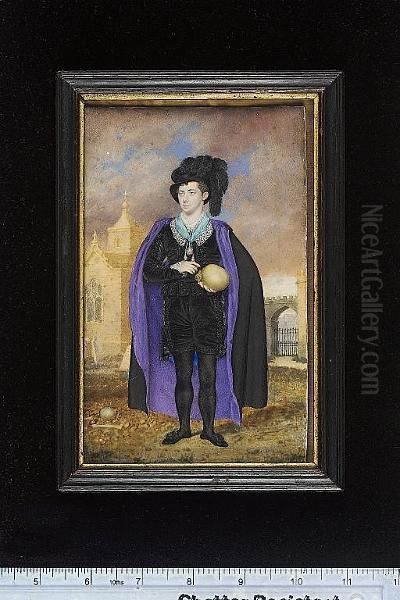 Mr. W.h. Simpson Of The Theatre Royal, Bristol, In The Character Of Hamlet, Standing Full Length, Wearing Elizabethan Style Costume, With The Order Of The White Elephant Suspended From A Ribbon Around His Neck, Holding A Skull, Architectural Background Oil Painting by Walter Stephens Lethbridge