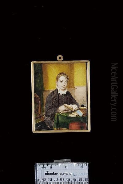 A Young Boy, Seated At A Table, A Book In His Hand, Further Books On The Table, Wearing Brown Suit With White, Frilled Collar, Interior Background (minor Restored Crack) Oil Painting by Walter Stephens Lethbridge