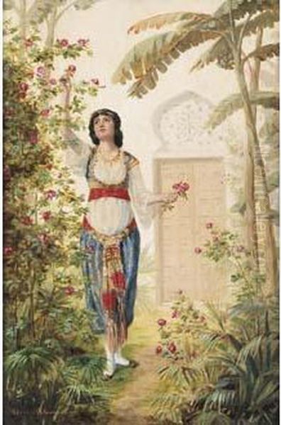 < Jeune Femme Du Harem Cueillant Des Roses >. Oil Painting by Edouard Letourneau