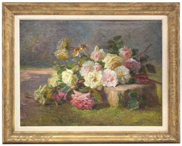 Still-life With White And Red Roses On A Pedestal Oil Painting by Louis Letsch