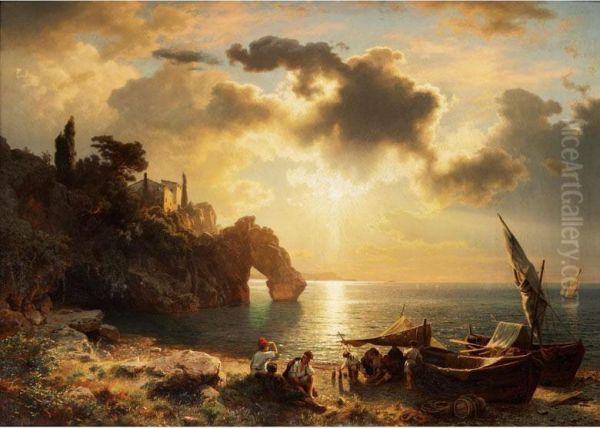 Arco Naturale Di Palinuro Spiaggia Degli Infredi Oil Painting by August Wilhelm Leu