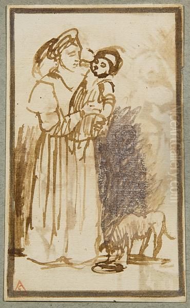 Mother And Child, With A Dog Oil Painting by Johannes Leupenius