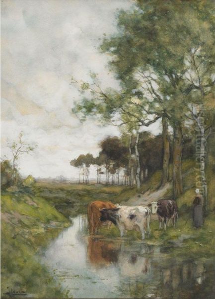 Cattle By Stream Oil Painting by Johannes Karel Leurs