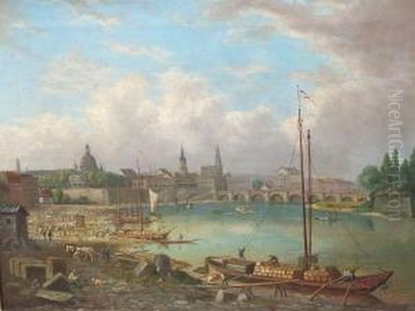 Dresden - Blick Uber Die Elbe Auf Das Altstadtpanorama Mit Frauenkirche, Hofkirche Und Semperoper Oil Painting by Ernst August Leuteritz