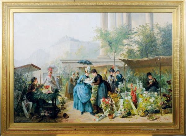 Flower Market By The Madeleine, Paris Oil Painting by Henri-Louis Levasseur