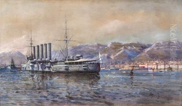 Navire Russe Dans La Rade De Cannes. Oil Painting by Paul Levere