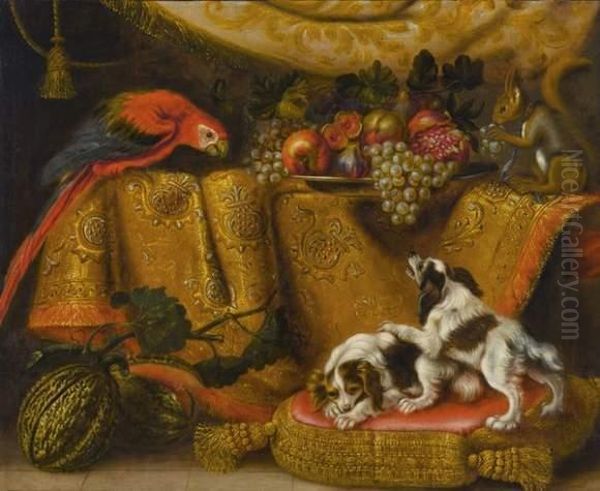 Nature Morte Avec Ara, Ecureuil Et Epagneuls Nains Oil Painting by Renaud Levieux