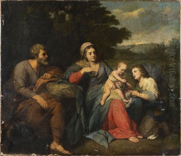 La Sainte Famille Et Un Ange Dans Un Paysage Oil Painting by Renaud Levieux