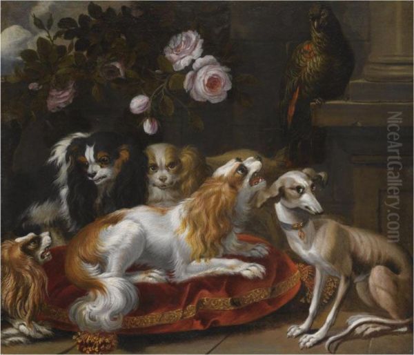 A Group Of King Charles Spaniels, A Whippet And A Parrot Oil Painting by Renaud Levieux