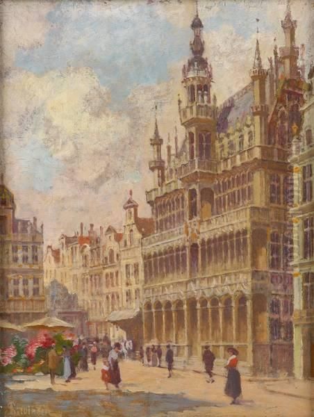 Marche Aux Fleurs A La Grand Place De Bruxelles Oil Painting by Sophus Theobald Levinsen