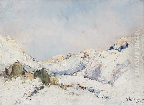 Baite Sotto La Neve Oil Painting by Giuseppe Augusto Levis