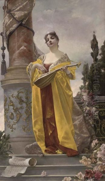 A Maiden Playing The Lute Oil Painting by Max Levis