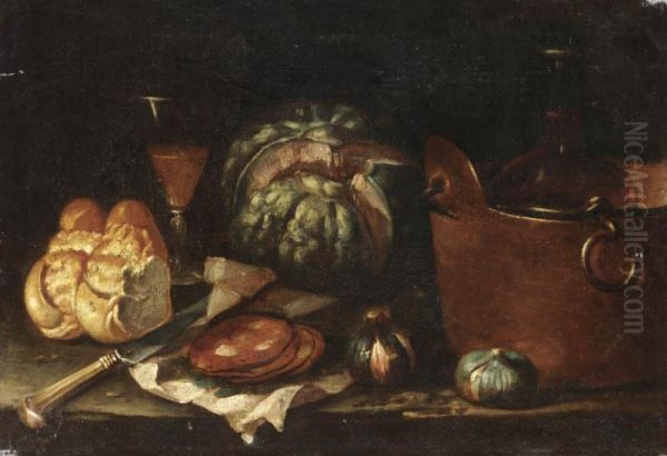 Natura Morta Con Zucca, Fichi, Pentola Di Rame, Pane E Salame Oil Painting by Nicola Levoli