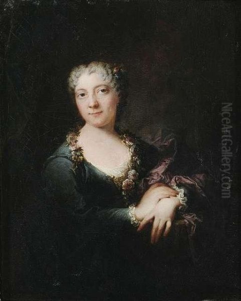 Portrait Of A Lady In A Blue Dress With A Purple Wrap Wearing Flowers Around Her Neck Oil Painting by Robert Tournieres