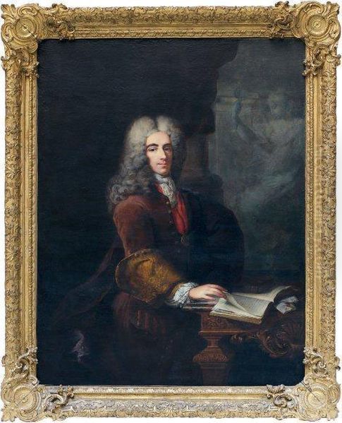 Portrait Presume De La Rochefoucauld Ason Bureau Dans Un Cadre En Bois Sculpte Et Dore, Travail Francaisdu Xviiie Siecle Oil Painting by Robert Tournieres