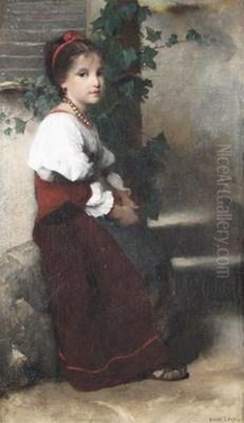 A Girl Seated On A Low Wall Oil Painting by Emile Levy