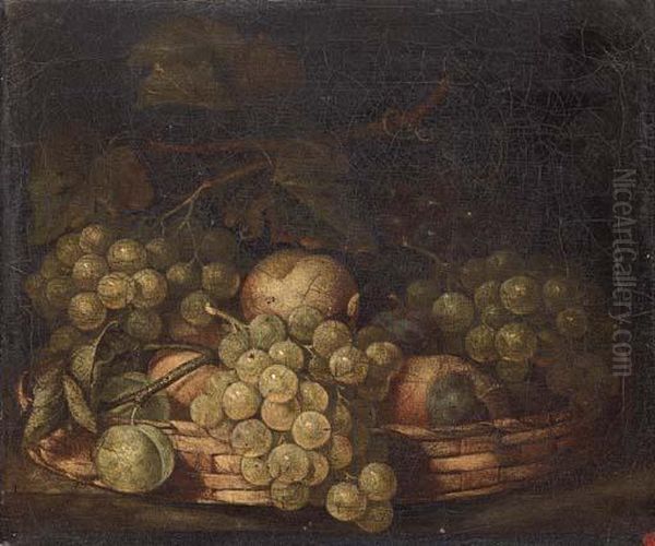 Peaches, Grapes And Greengages In A Basket Oil Painting by Charles James Lewis