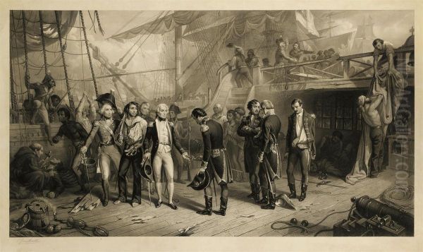 Nelson Receiving The Sword On Board The San Josef Oil Painting by Charles George Lewis