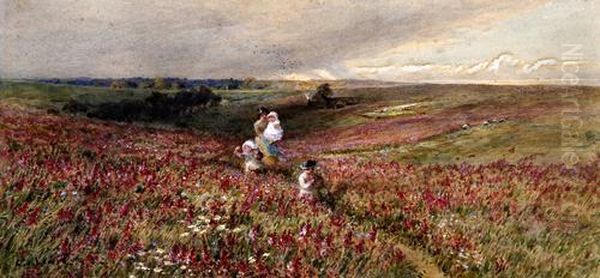 Mother And Children In A Wild Flower Meadow Before A Landscape Oil Painting by Charles James Lewis