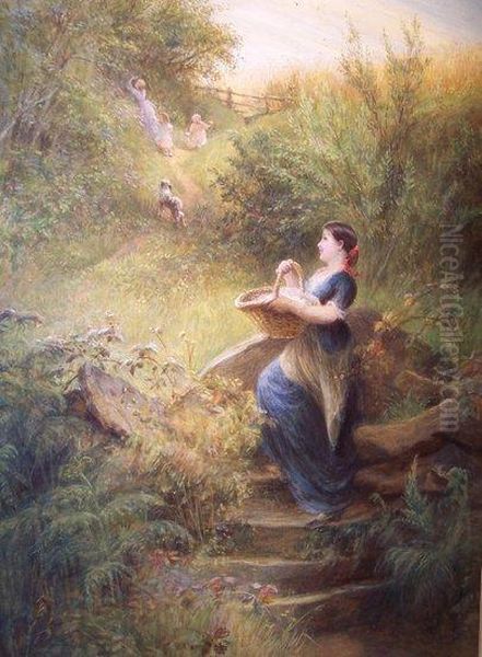 Waiting 
 Children On A Country Path Oil Painting by Charles James Lewis