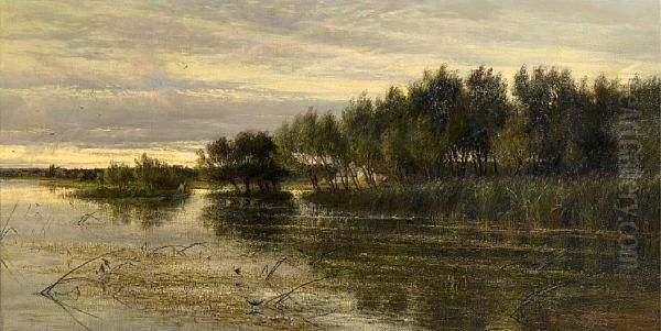 A River Landscape At Sunset Oil Painting by Charles James Lewis