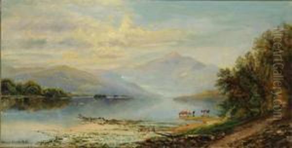 Cows Watering Beside A Mountain Lake Oil Painting by Edmund Darch Lewis