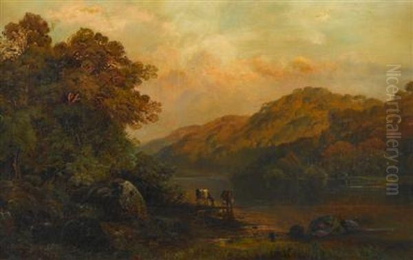 Cattle Watering At Sunset Oil Painting by Edmund Darch Lewis