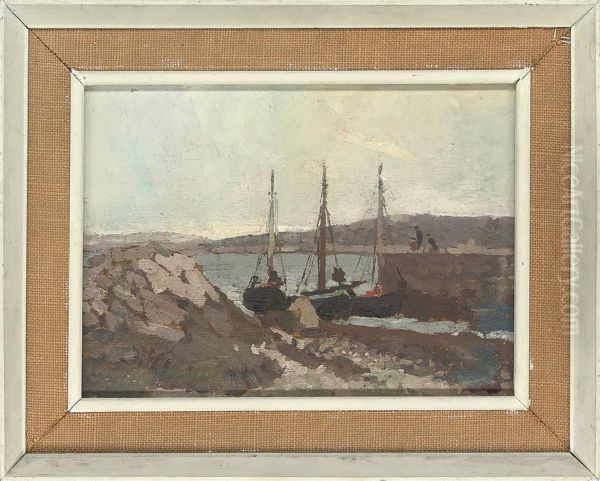 Boats Moored In The Harbour, Connemara Oil Painting by Edward Morland Lewis