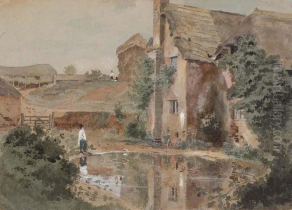 The Farmyard Pond Oil Painting by George Robert Lewis