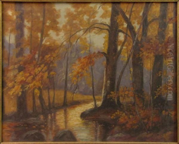 Autumn River Landscape Oil Painting by Henry Lewis