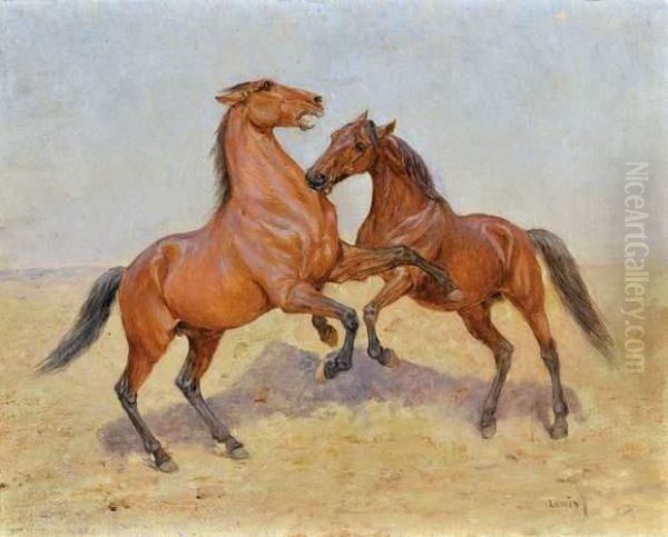 Combat D'etalons Arabes Oil Painting by J. Lewis